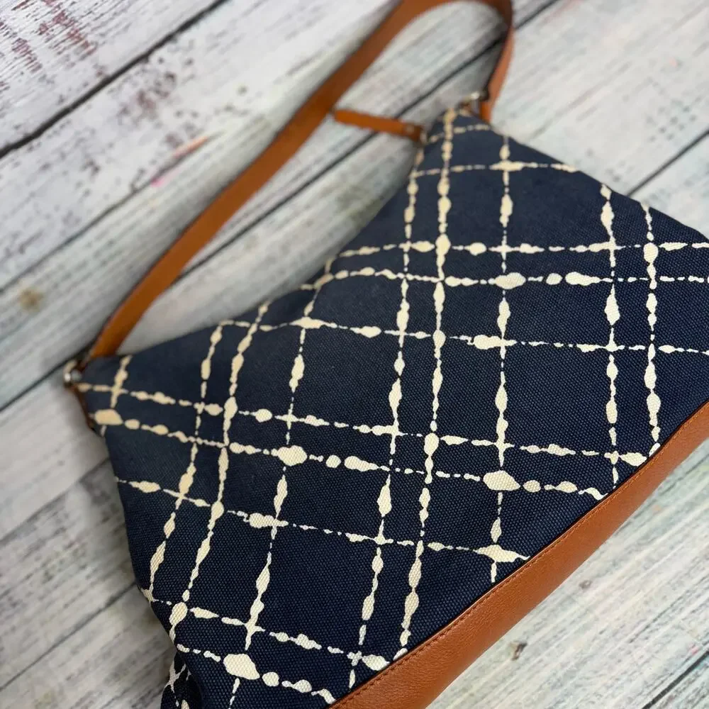 Kate Spade New York Navy Cream Print Canvas Leather Shoulder Hobo Bag